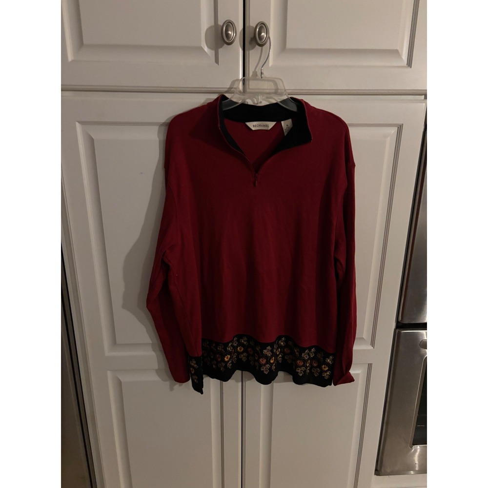 Bechamel Red Cotton Quarter Zip Pullover Floral Embroidered Hem Top XL